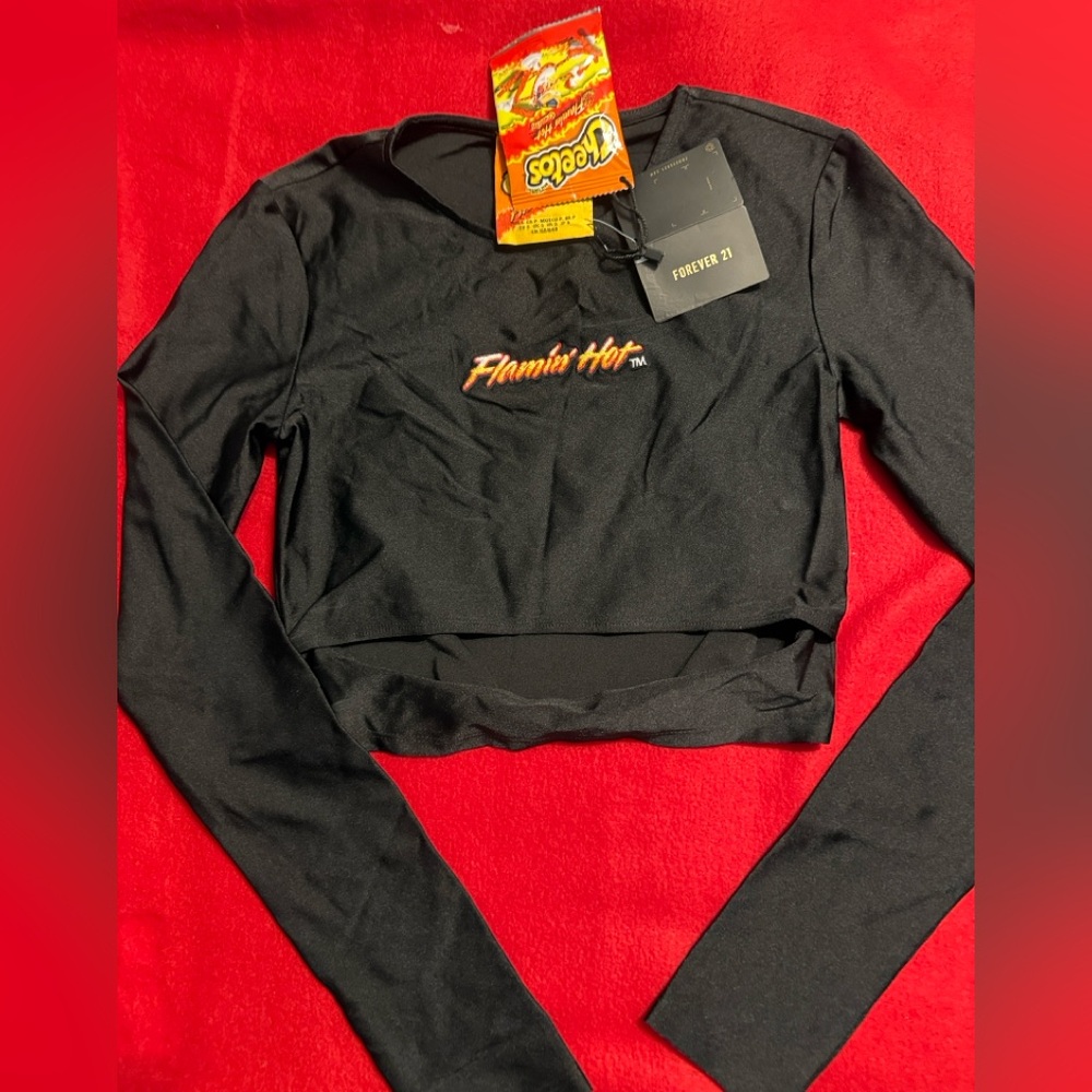 Forever 21 Black Flamin' Hot Long Sleeve Crop Top